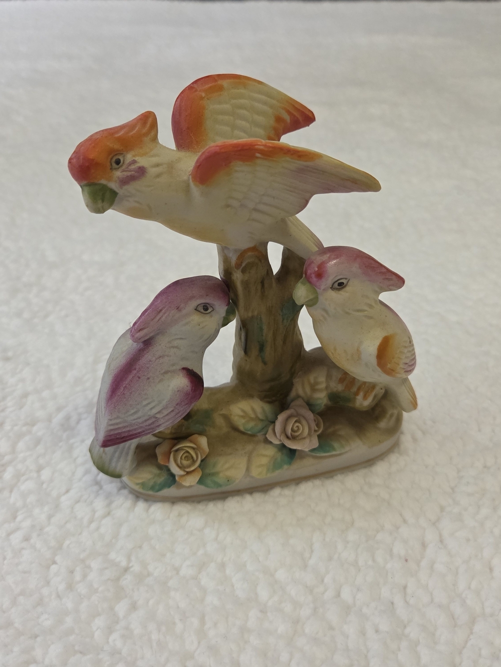 Ceramic Bird Figurine 3 Birds On A Tree Stump Japan Vintage Decor